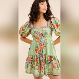 FARM Rio Green Floral Puff Sleeve Mini Dress